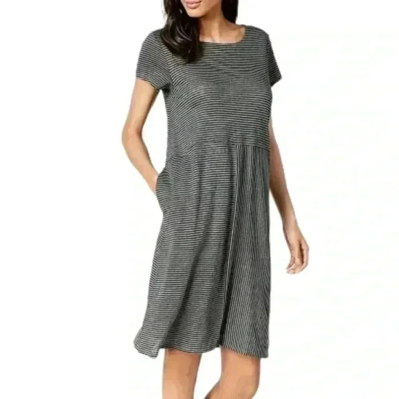 Eileen Fisher Organic Linen A-Line Dress Stripe Green Black Oversize Women's XXS - Picture 1 of 12